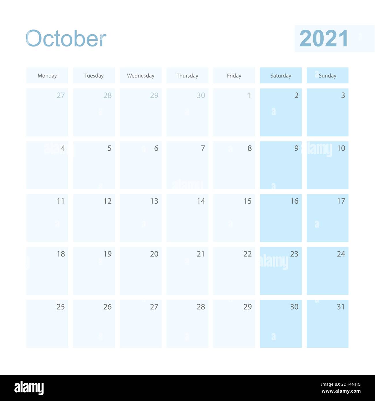 2021 October wall planner in blue pastel color, week starts on Monday. Calendar for October 2021 with blue square and with day of previous and next mo Stock Vector