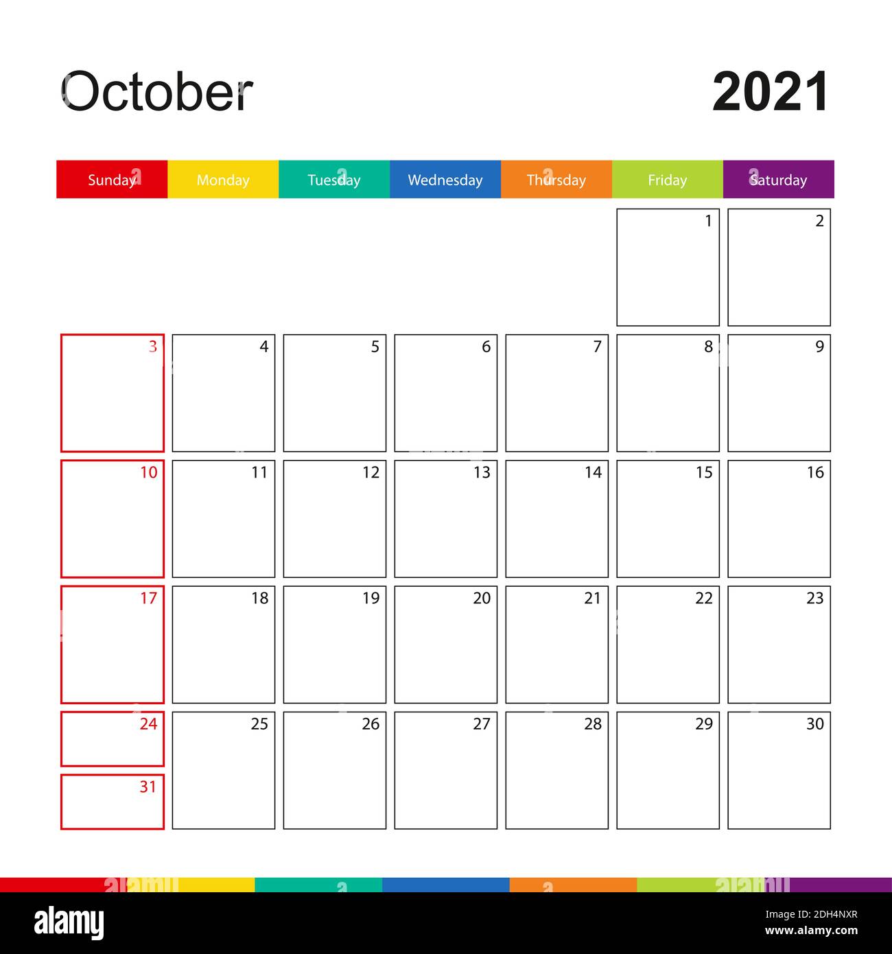 October 2021 colorful wall calendar, week starts on Sunday. 2021 Calendar template. Stock Vector