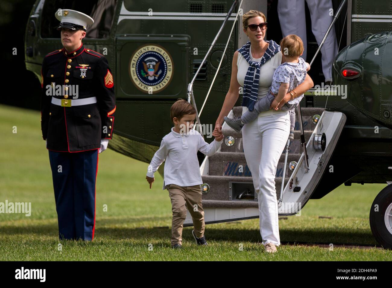 Special Advisor to The President Ivanka Trump exits Marine One with her  sons Theodore, 1, and Joseph, 3, after a weekend trip to Camp David.  Credit: Alex Edelman / Pool via CNP