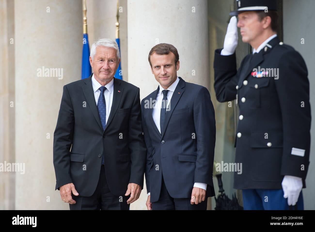 French president Emmanuel Macron meets with Secretary General of the Council of Europe Thorbjorn Jagland at Elysee Palace in Paris on August 31, 2017. Photo by ELIOT BLONDET/ABACAPRESS.COM Stock Photo