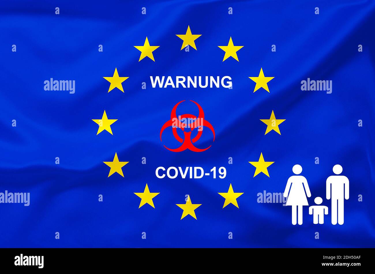 Euroflagge, Flagge, EU-Fahne,  Eurostars, Biohazard, Corona, Coronavirus, Warnung, Abstand halten, 2 Meter Abstand, Stock Photo