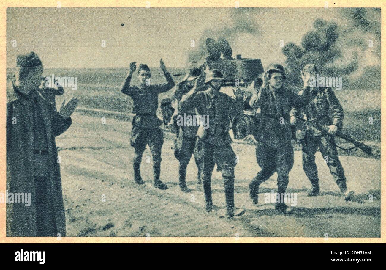 RUSSIA - JUNE 22, 1941: German forces launched Operation Barbarossa, the Axis invasion of the Soviet Union. The Soviet soldiers are captured by German Stock Photo