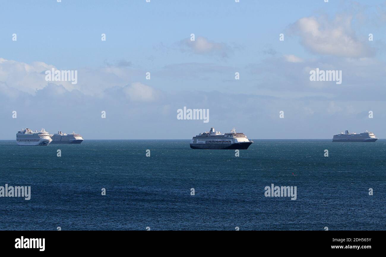 Torbay, Devon, England: The liners, Emerald Princess, Zaandam, Volendam and Westerdam moored in the bay owing to the covid / coronavirus pandemic. Stock Photo