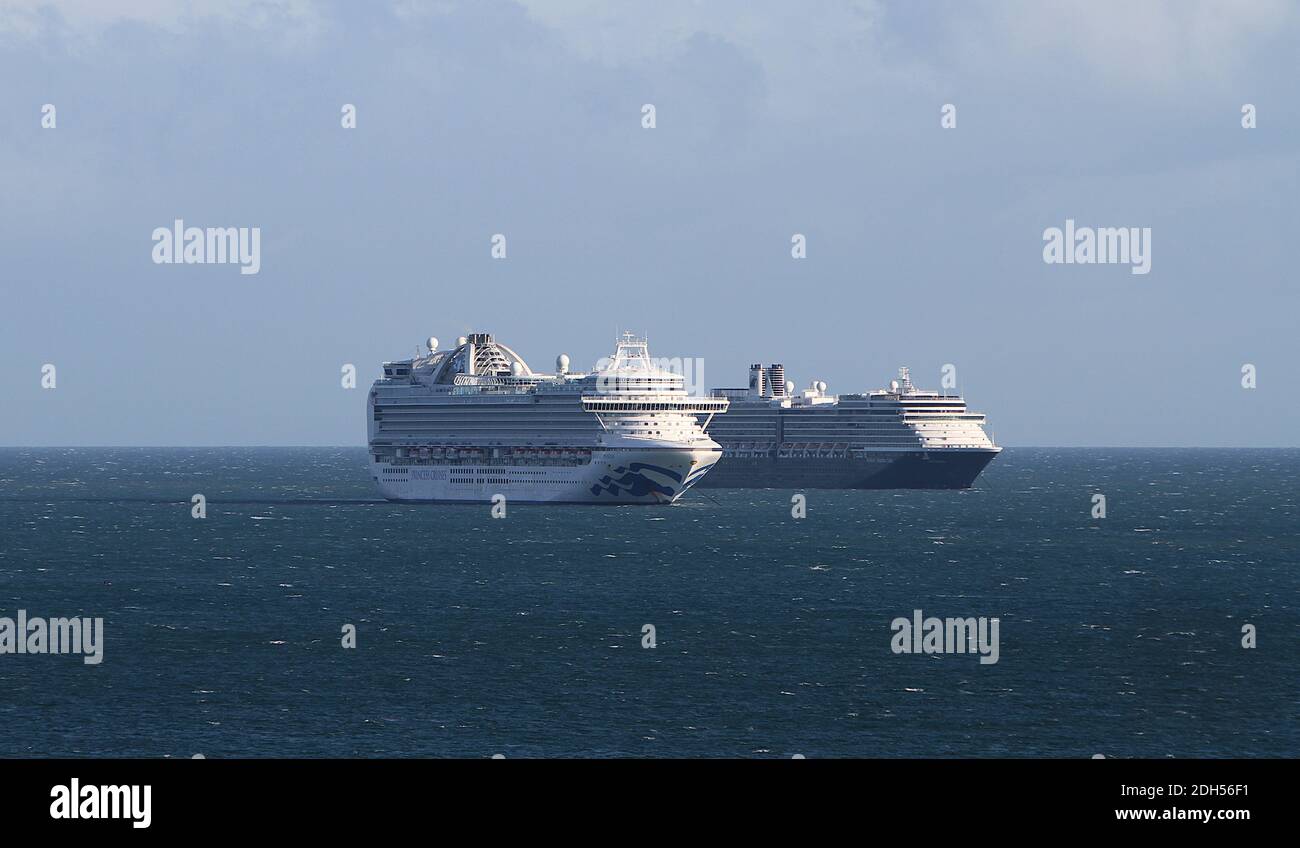 Torbay, Devon: The cruise liner, Emerald Princess, and the cruise ship, Westerdam, moored in Torbay, owing to the covid / coronavirus pandemic. Stock Photo