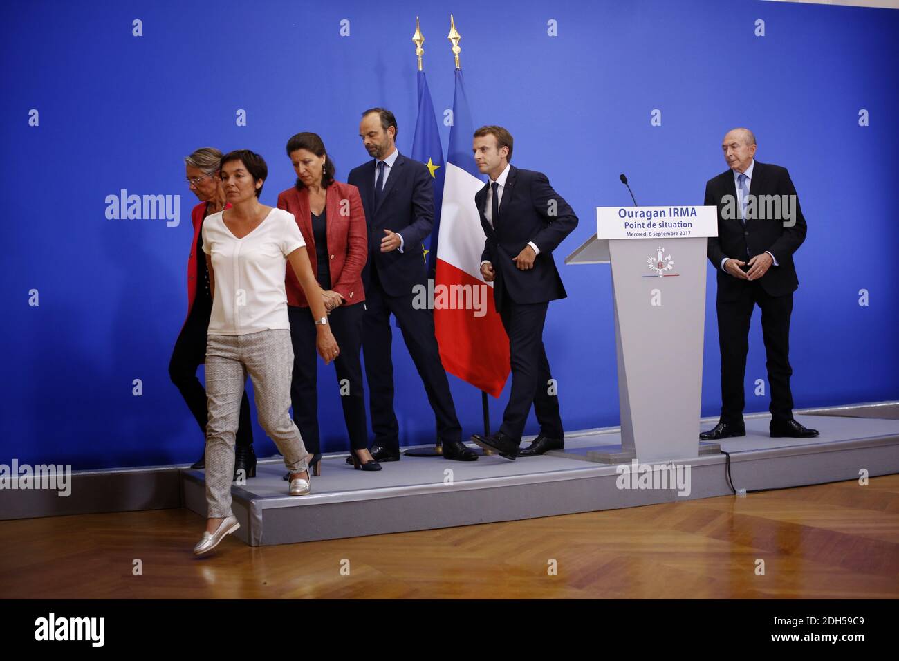 French President Emmanuel Macron , French Overseas Minister Annick Girardin, French Transports Minister Elisabeth Borne, French Minister for Solidarity and Health Agnes Buzyn, French Prime Minister Edouard Philippe and French Interior Minister Gerard Collomb, holds a press conference at the Hotel de Beauvau at the Interior Ministry in Paris, on September 6, 2017, following a meeting on the Hurricane Irma which slammed into Caribbean islands. Photo by Denis Allard/pool/ABACAPRESS.COM Stock Photo