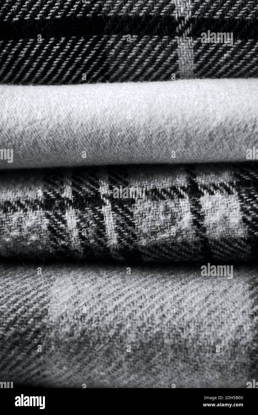 Stack of woolen checked blankets Stock Photo