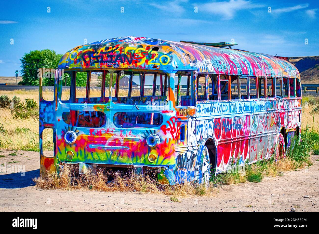 Painted pnw school bus in palouse washington Stock Photo