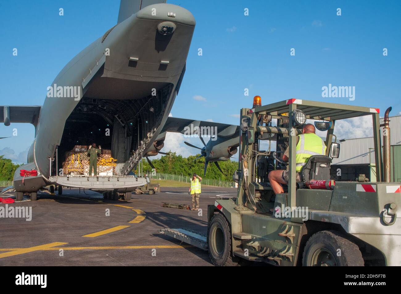 An Airbus A400M military aircraft coming from Orleans, France, landed in  Fort-de France, the capital of France's Caribbean overseas department of  Martinique on September 9, 2017. Onboard, a Puma helicopter and humanitarian