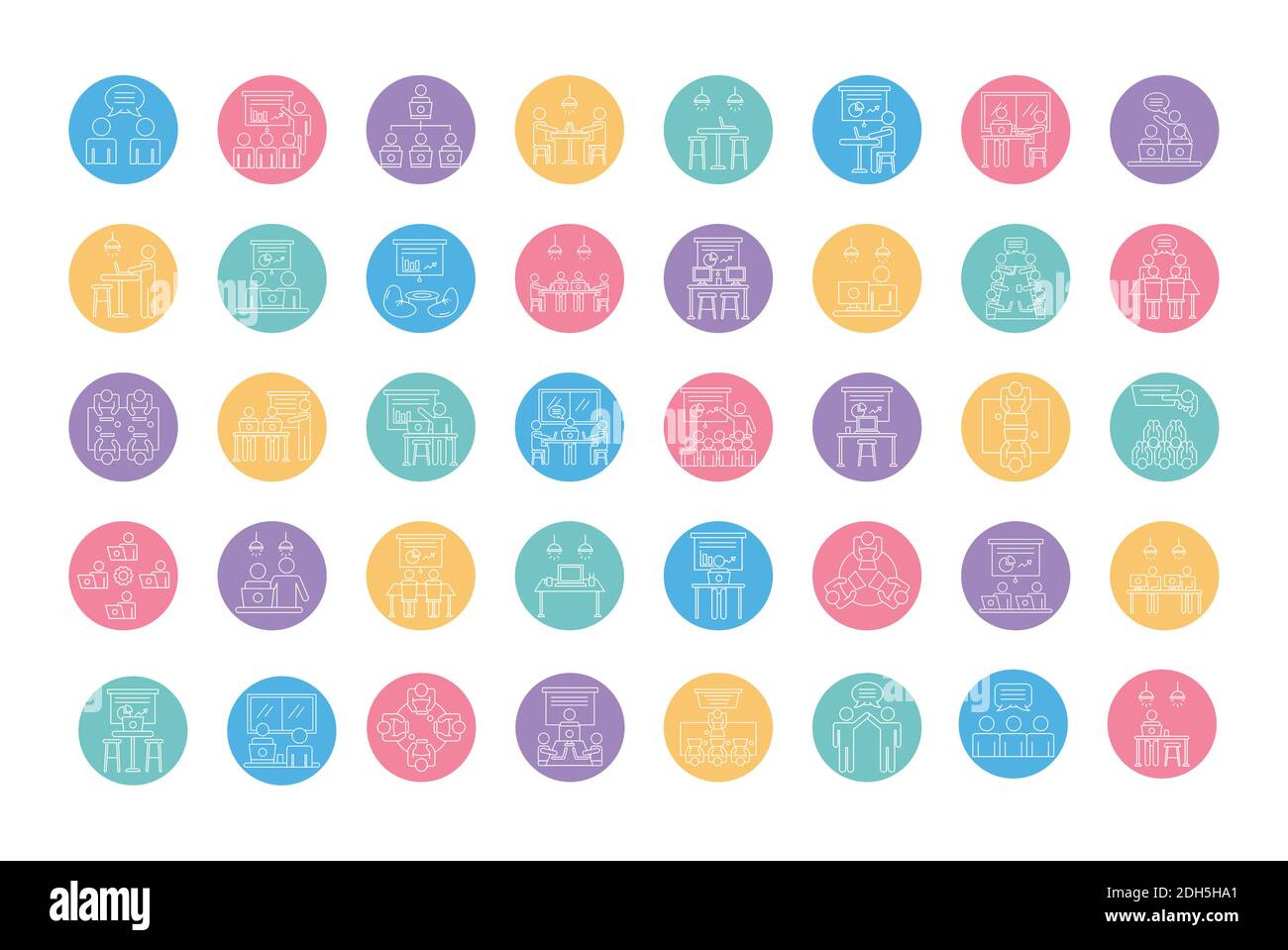 bundle of colors workers avatars coworking line style icons vector ...