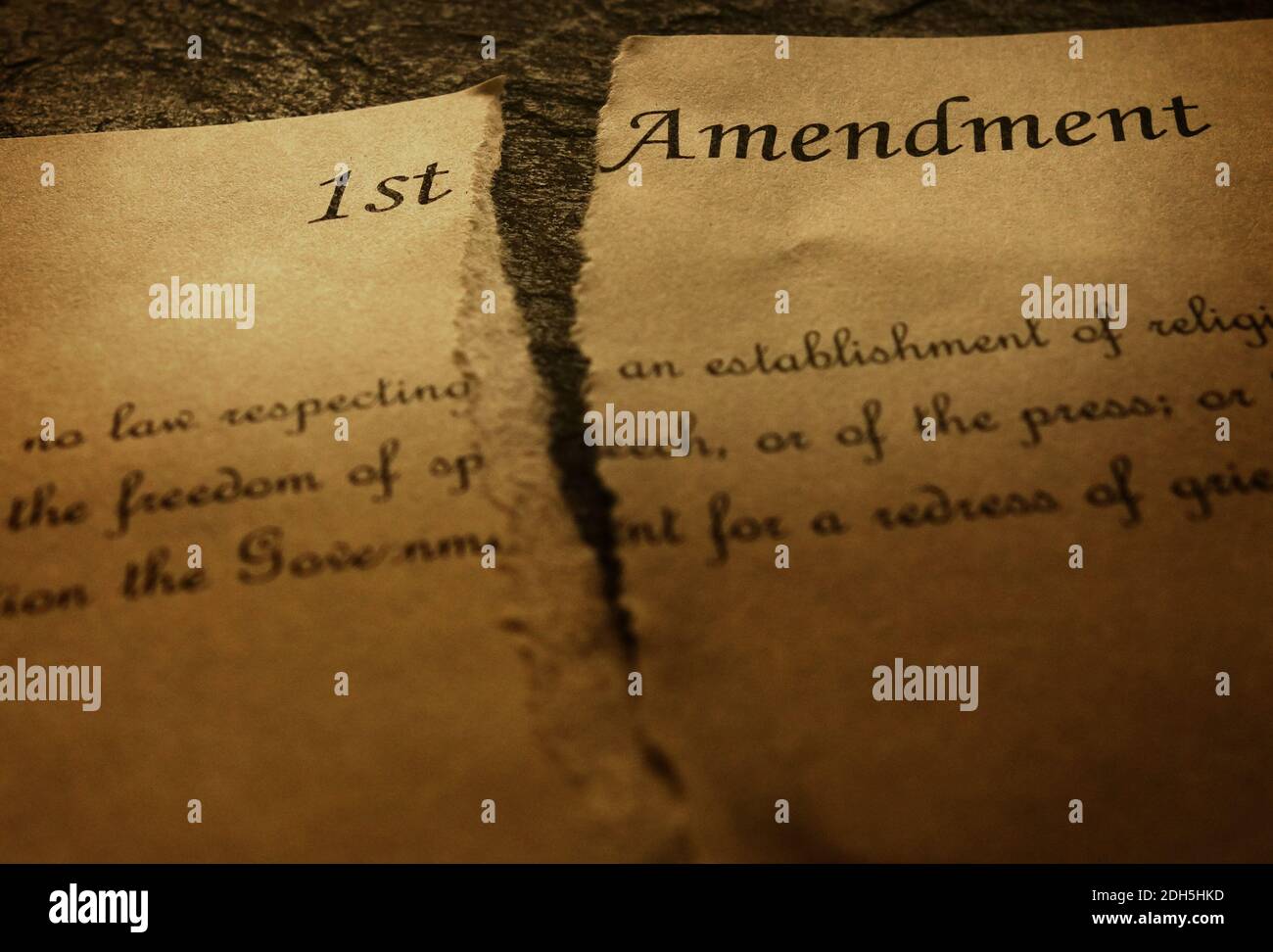 The First Amendment of the US Constitution, torn in half Stock Photo