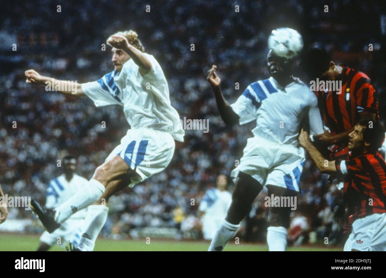 Marseille s Basile Boli scoring the 1-0 decisive goal during the