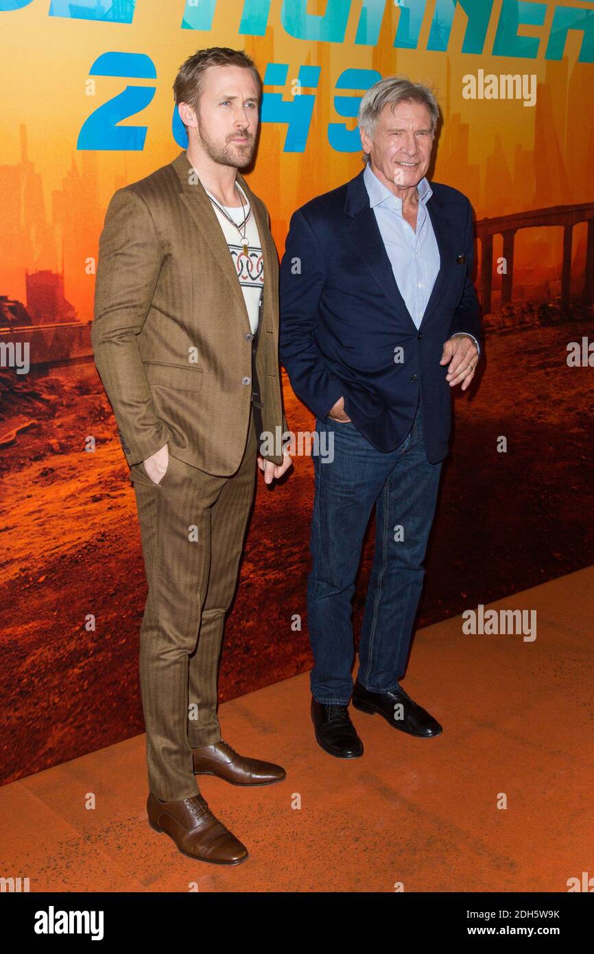 Ryan Gosling, Harrison Ford arriving at BLADE RUNNER 2049 photocall at Bristol hotel in Paris