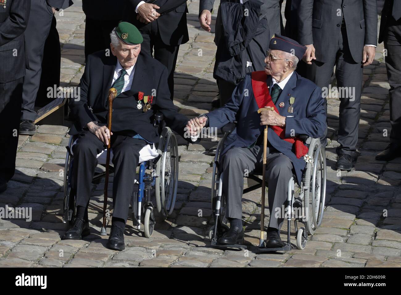 Two of the last 10 survivors of the "Compagnons de la Liberation" Hubert Germain and Yves de Daruvar attending a ceremony in memory of Fred Moore, Honorary chancellor of the Order of Liberation in Les Invalides, Paris, France on September 22nd, 2017. Photo by Henri Szwarc/ABACAPRESS.COM Stock Photo