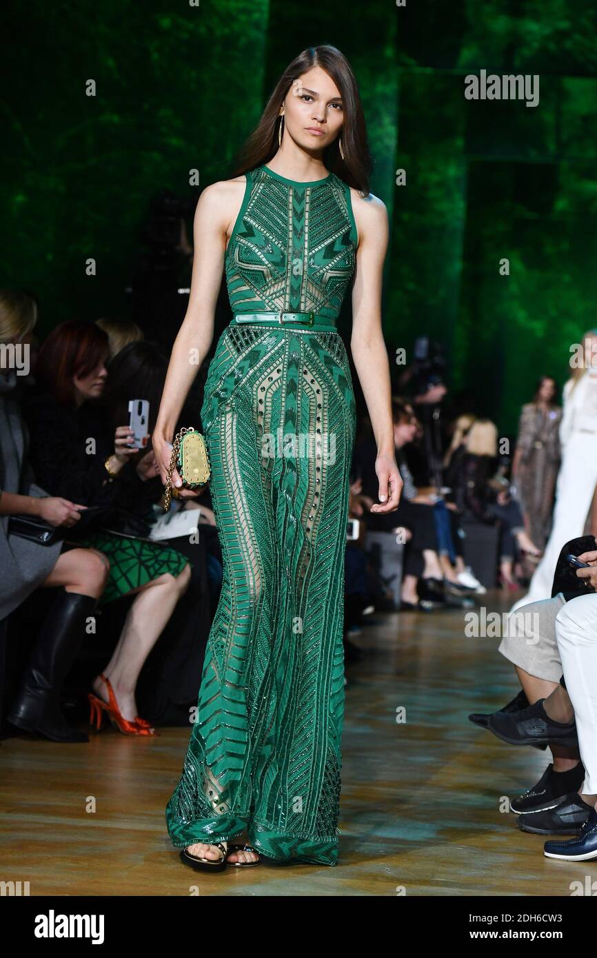 slim fit dress slacks Elie Saab // Green One Sleeve Draped Maxi Dress  VSP Consignment