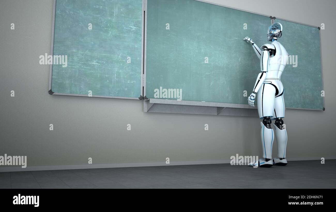 Humanoid Robot Chalk Board Writing Teacher Stock Photo