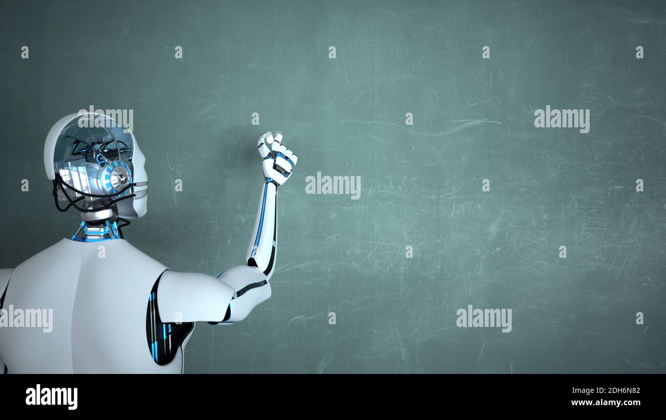 Humanoid Robot Chalk Board Writing Teacher Stock Photo