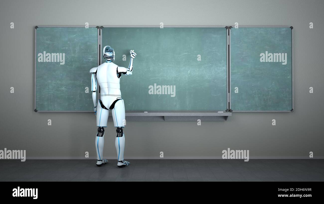 Humanoid Robot Chalk Board Writing Teacher Stock Photo