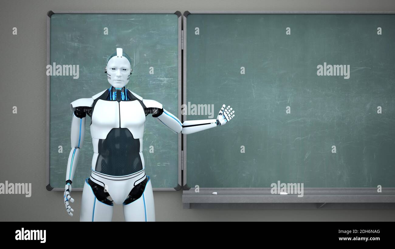 Humanoid Robot Chalk Board Teacher Stock Photo
