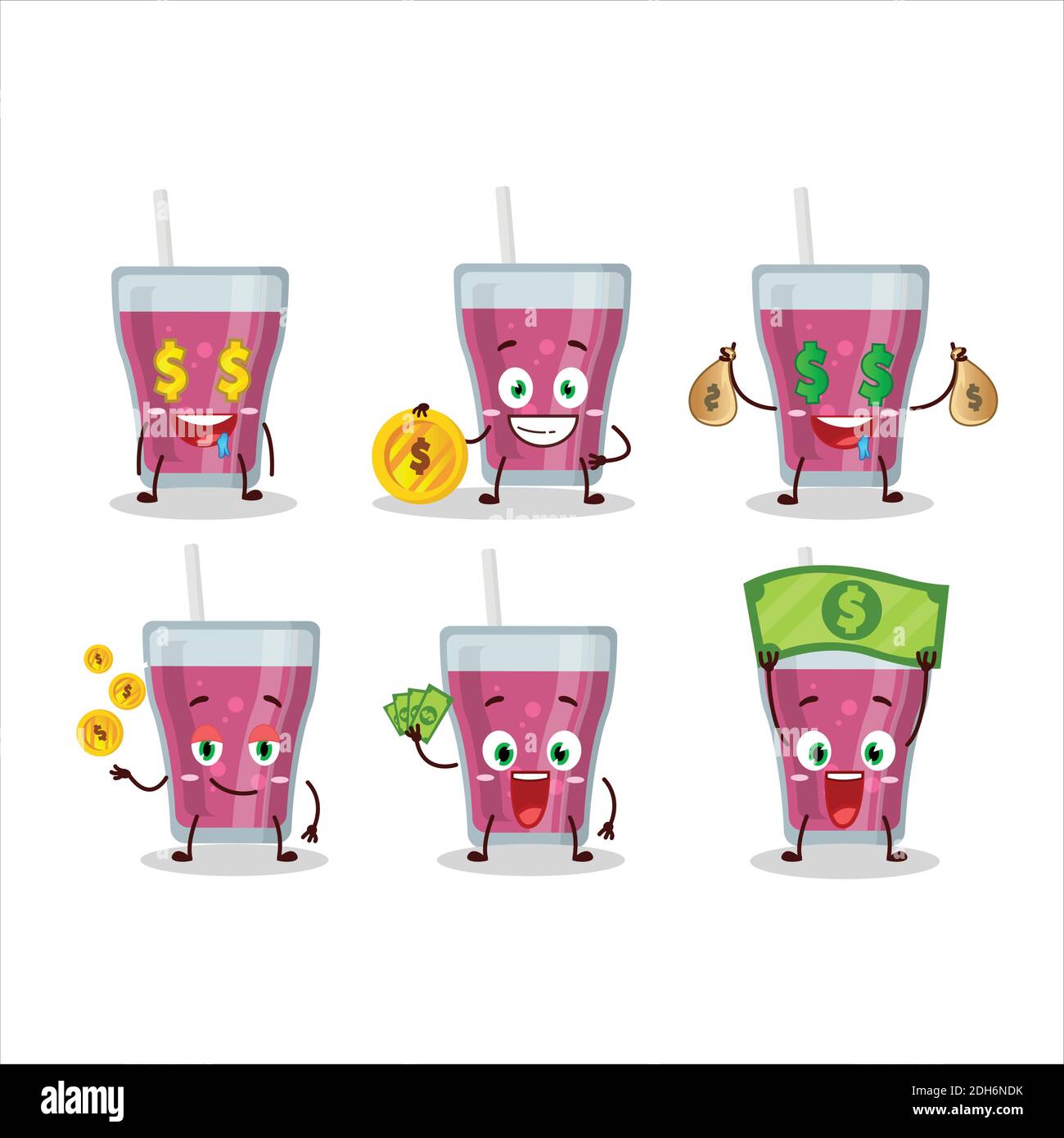 Purple juice cartoon character with cute emoticon bring money. Vector