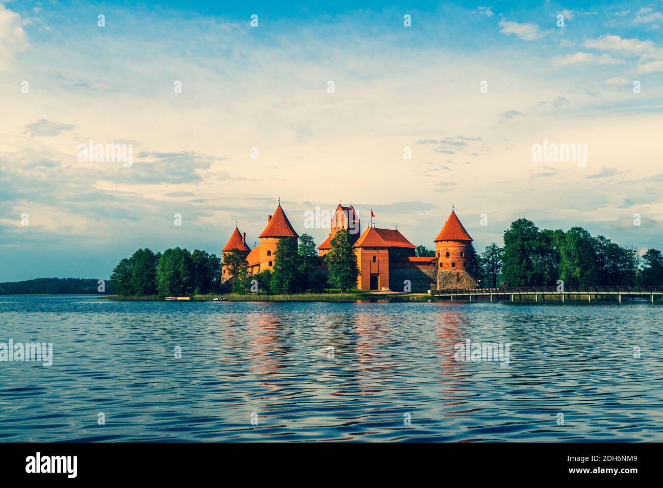 Trakai Island Castle in Lake Galve, Most Popular Tourist Destination in Lithuania. Drone View Stock Photo
