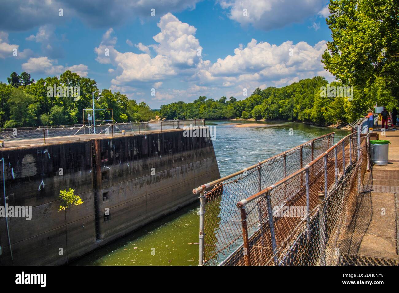 Augusta, Ga USA 07 04 20 People fishing at Lock and Dam and dam