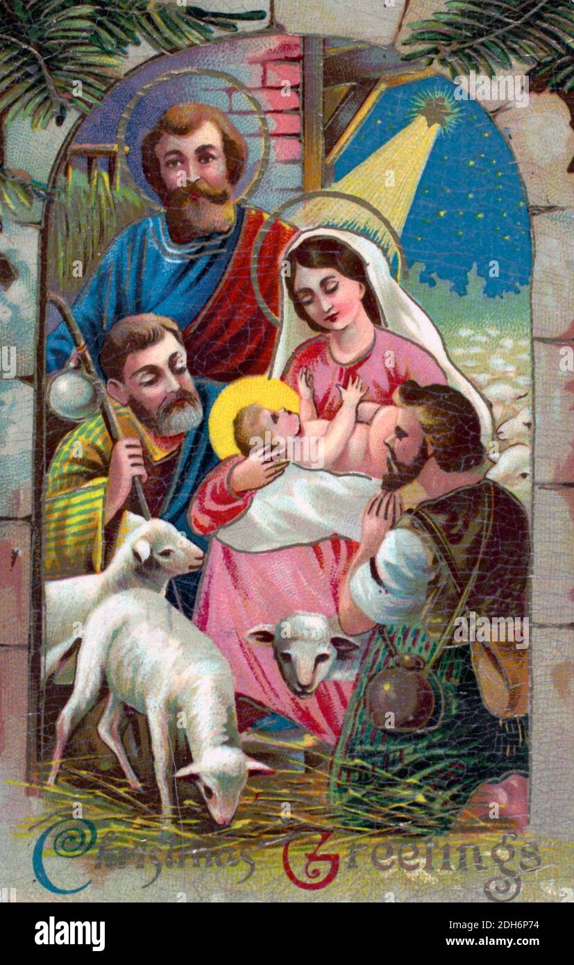 Nativity Scene Vintage Postcard Stock Photo