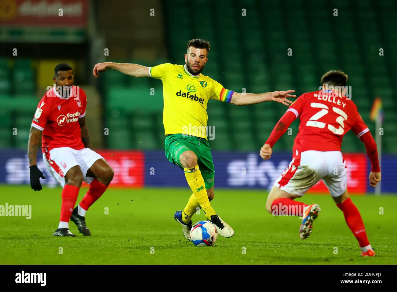 9th December 2020; Carrow Road, Norwich, Norfolk, England, English Football League Championship Football, Norwich versus Nottingham Forest; Grant Hanley of Norwich City competes for the ball with Joe Lolley of Nottingham Forest Credit: Action Plus Sports Images/Alamy Live News Stock Photo