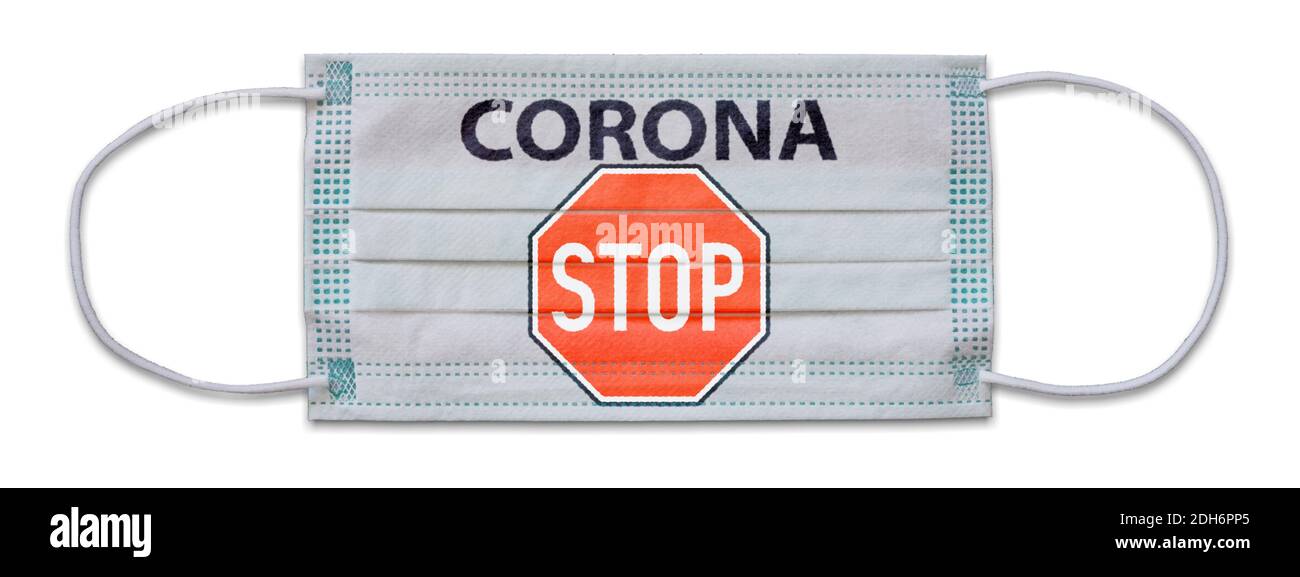 Isolated protective mask with the word CORONA and STOP sign Stock Photo