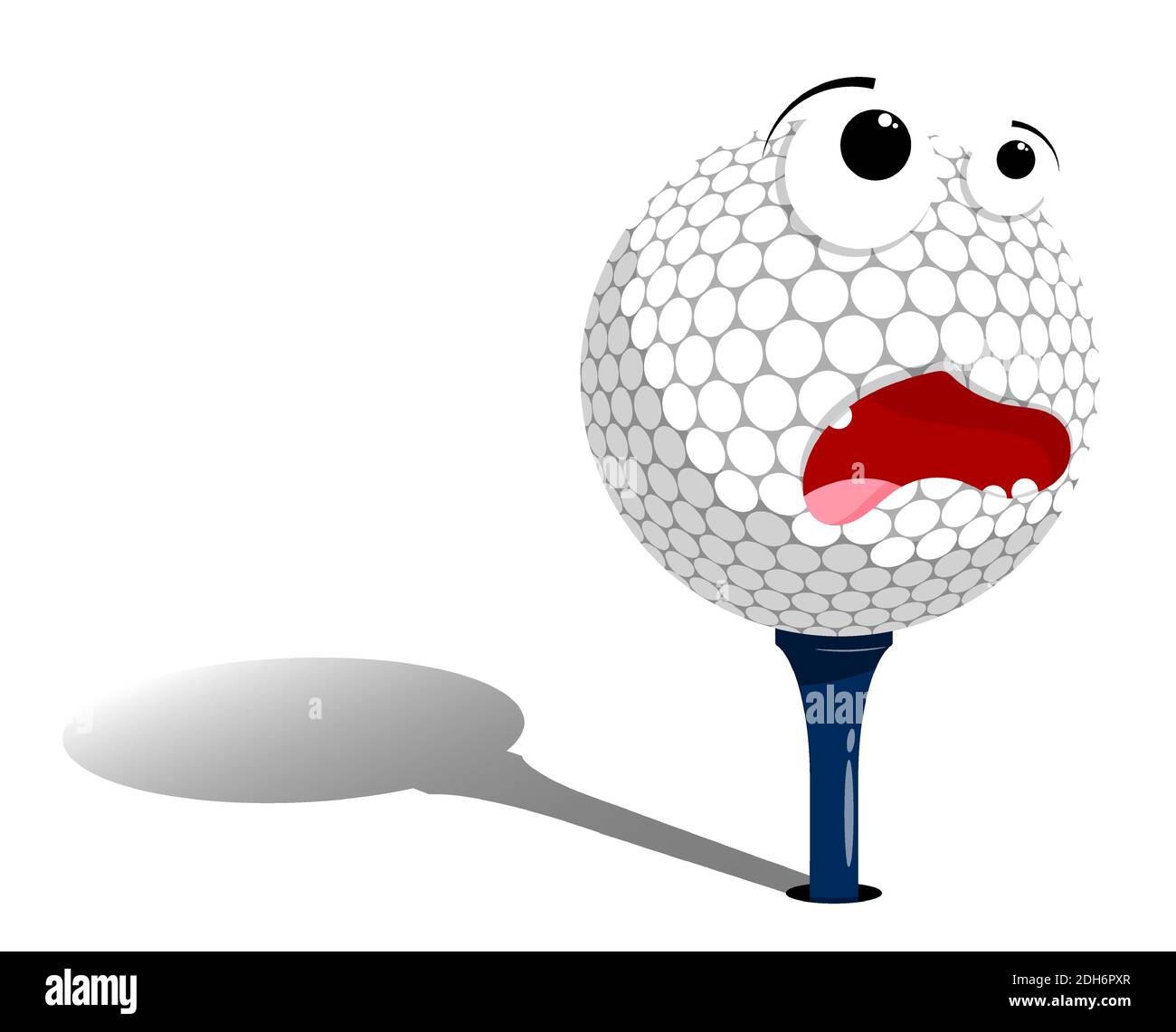 frightened, scared golf ball stands on tee, stand, waiting to be hit. Sport equipment. Funny