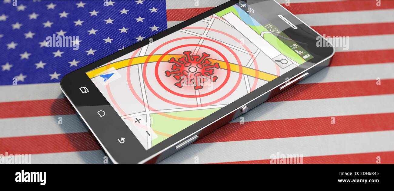 A smartphone with Corona app on US flag Stock Photo