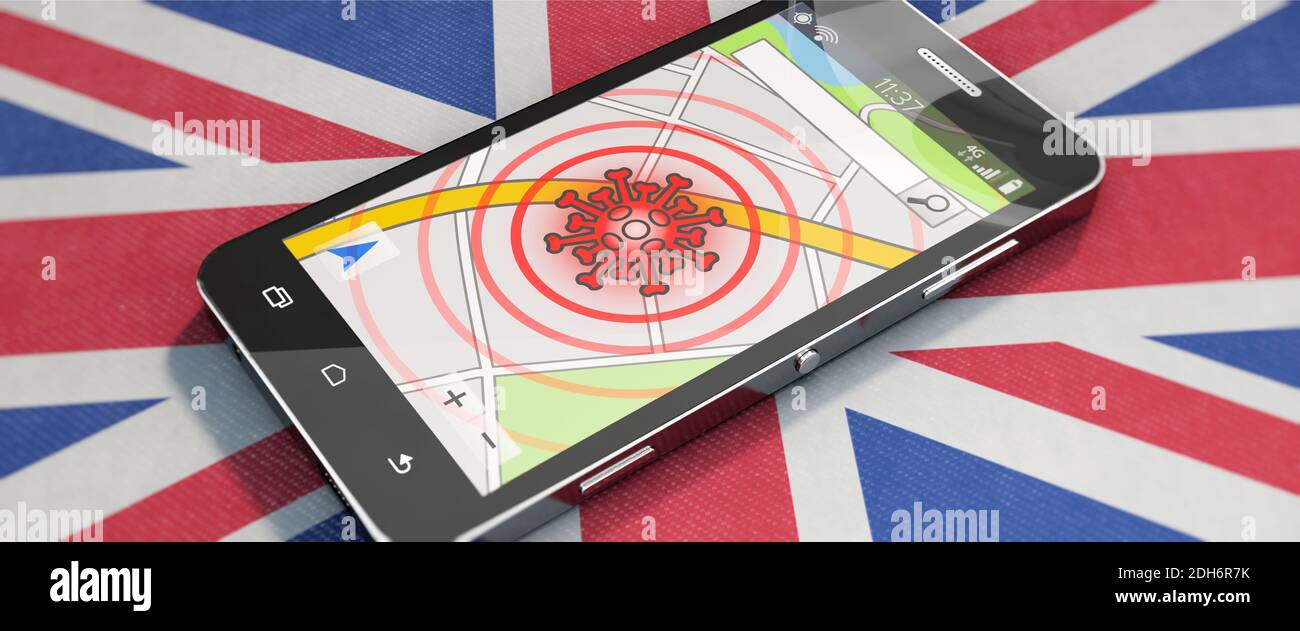 A smartphone with Corona app on UK flag Stock Photo