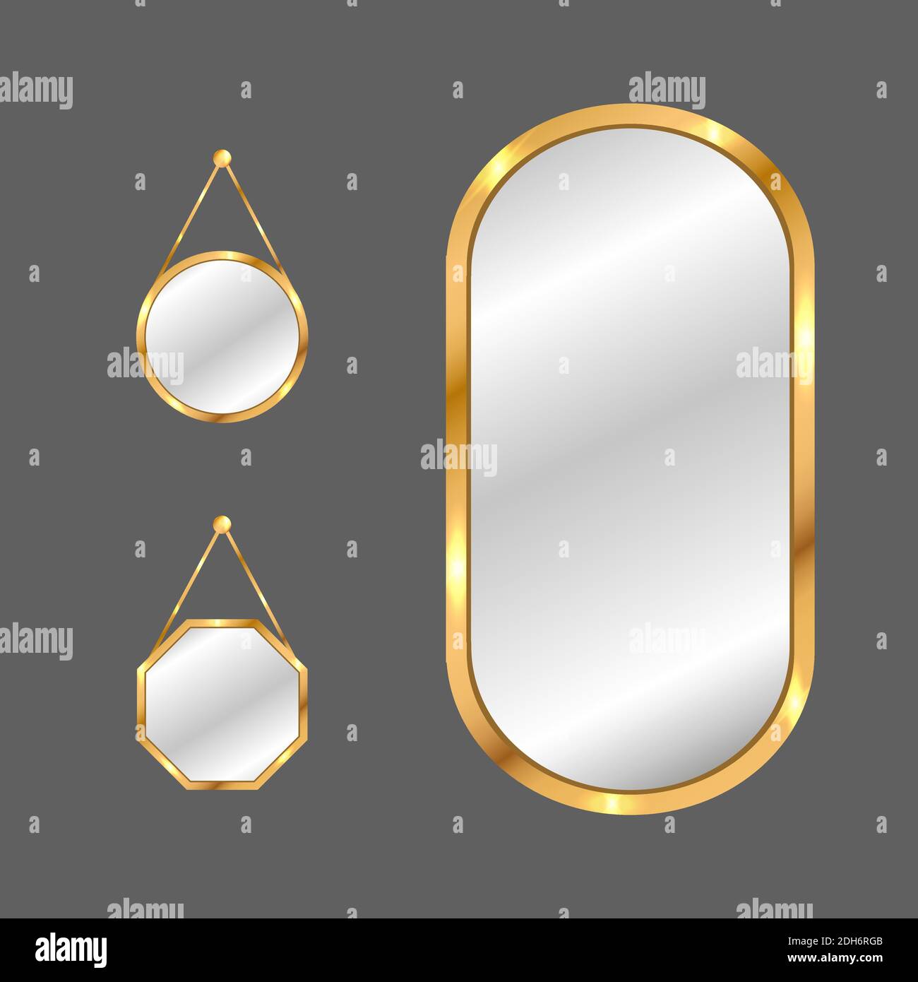 Hanging mirrors set. Circle and square mirrors with golden frame Stock