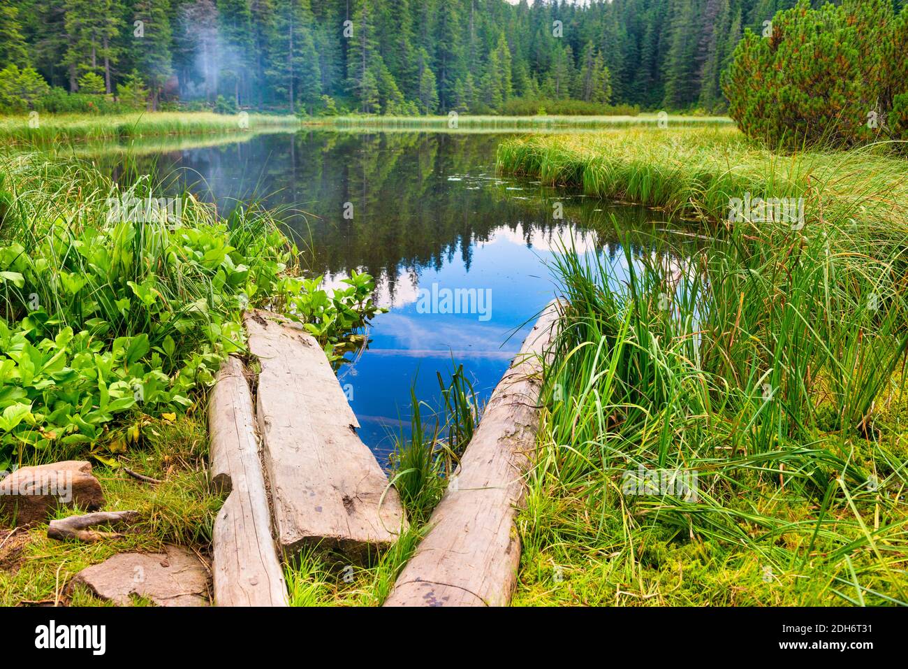 Wooden bridge in blue lake Stock Photo