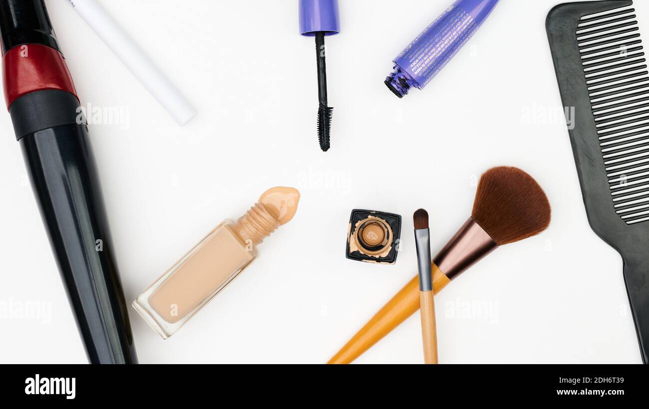 Makeup and hair care tools on a white background Stock Photo