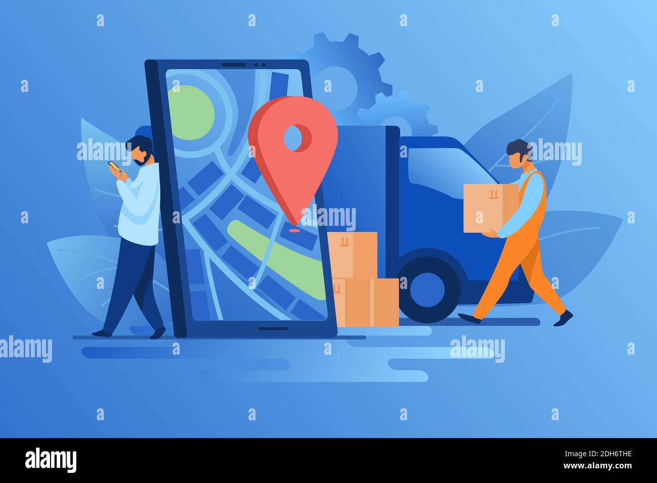 Delivery Man And Recipient Who Leaning On Smartphone With Pin Door To Door Delivery By Courier Flat Vector Illustration Delivery Service Concept For Stock Vector Image Art Alamy