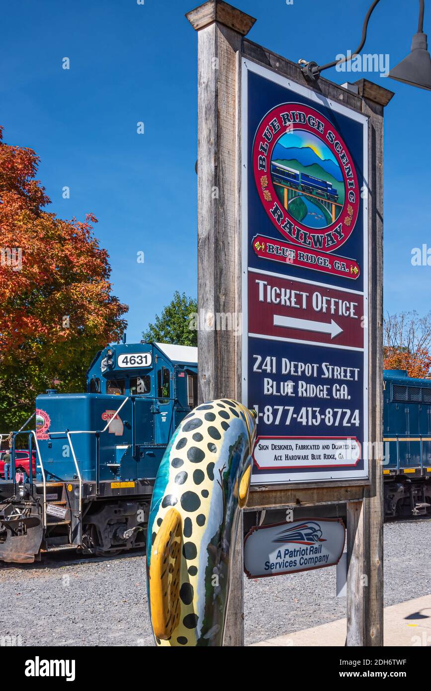 Blue Ridge Scenic Railway Depot on a beautiful autumn day in the Blue Ridge Mountains at Blue Ridge, Georgia. (USA) Stock Photo