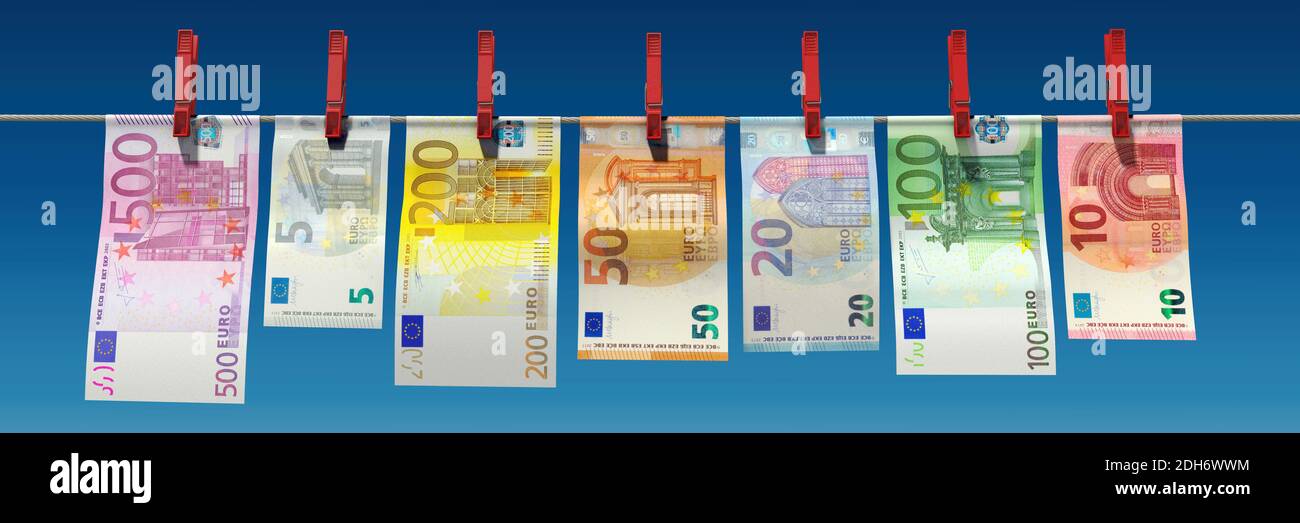 Freshly washed Euro banknotes are hanging on a clothesline Stock Photo