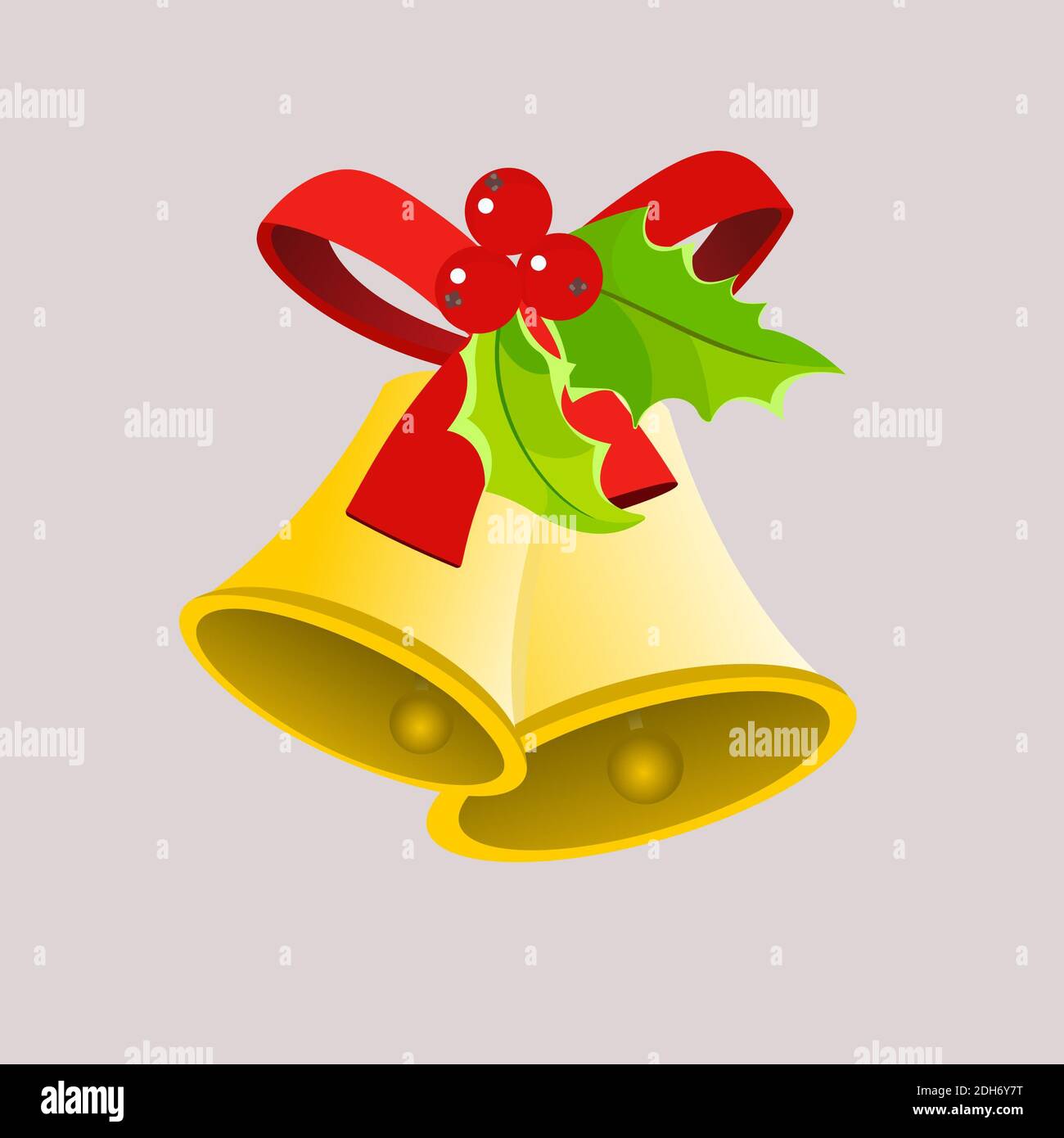 Vector gold Christmas bells with red bow,and Holly berries. Brass metal ...