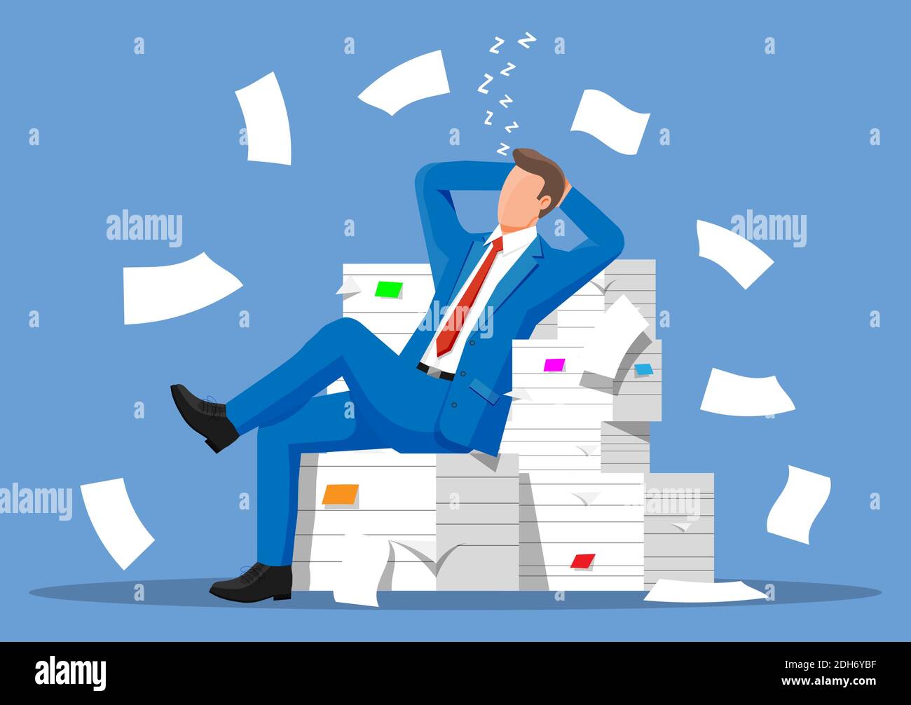 Business man character sleep in bunch of papers. Tired businessman or ...