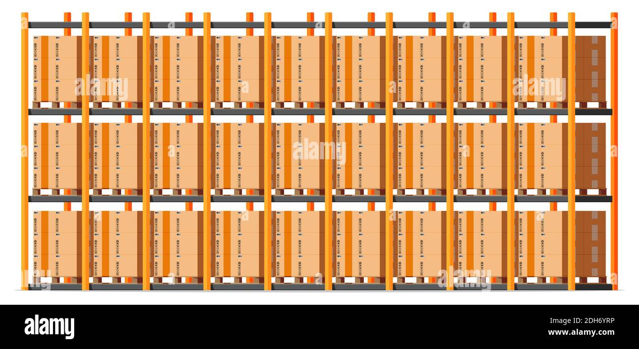 Metallic shelves with carton brown boxes. Goods and container package. Pile cardboard boxes set. Delivery packaging closed box with fragile signs. Vector illustration in flat style Stock Vector