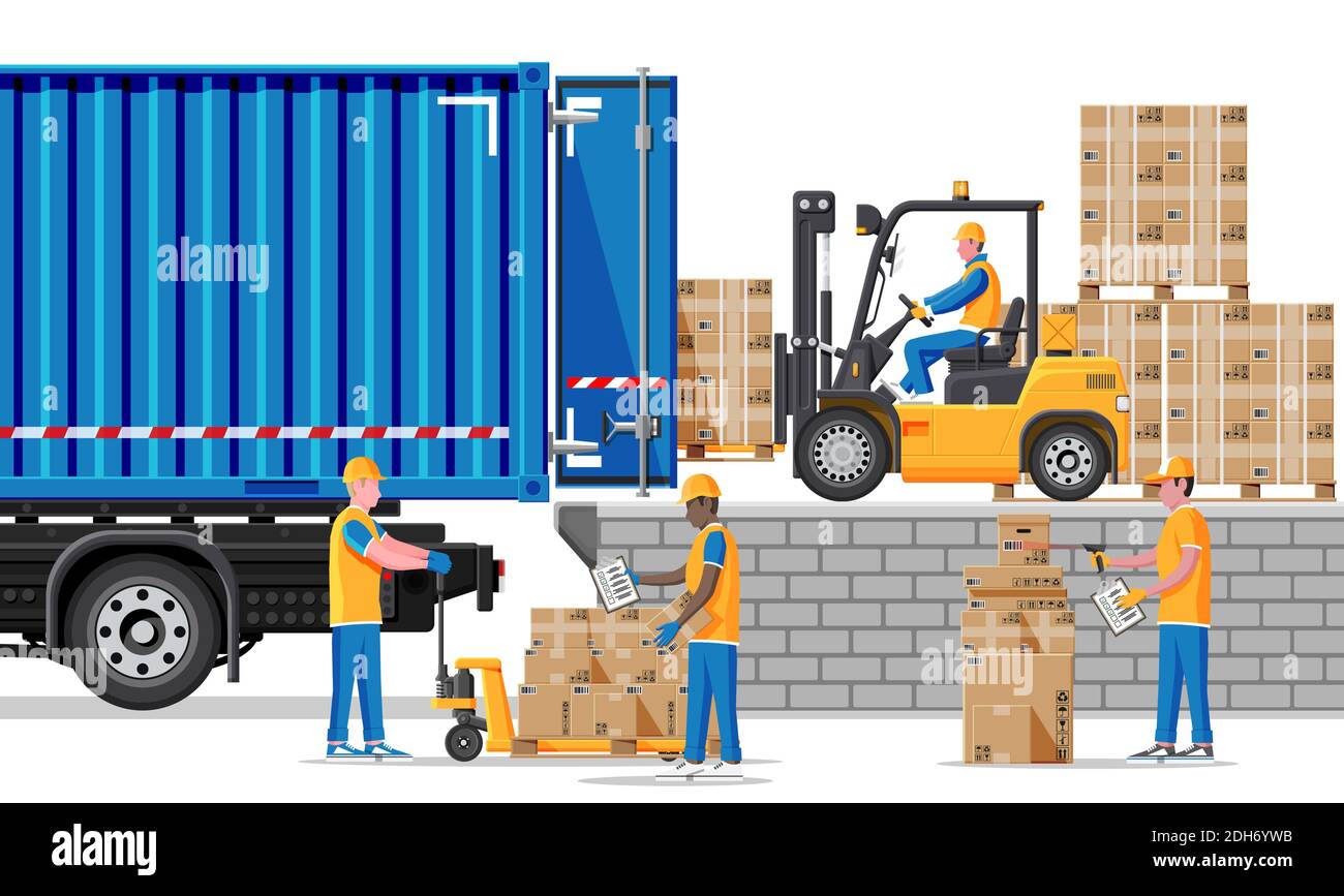 Forklift loading pallet boxes into truck. Warehouseman with checklist