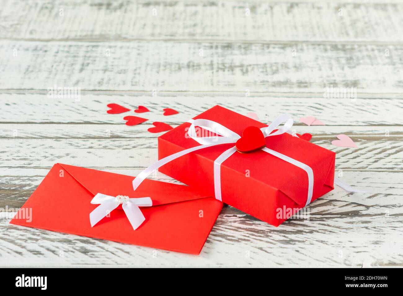 Valentines Day gift box with envelope with love letter, paper 