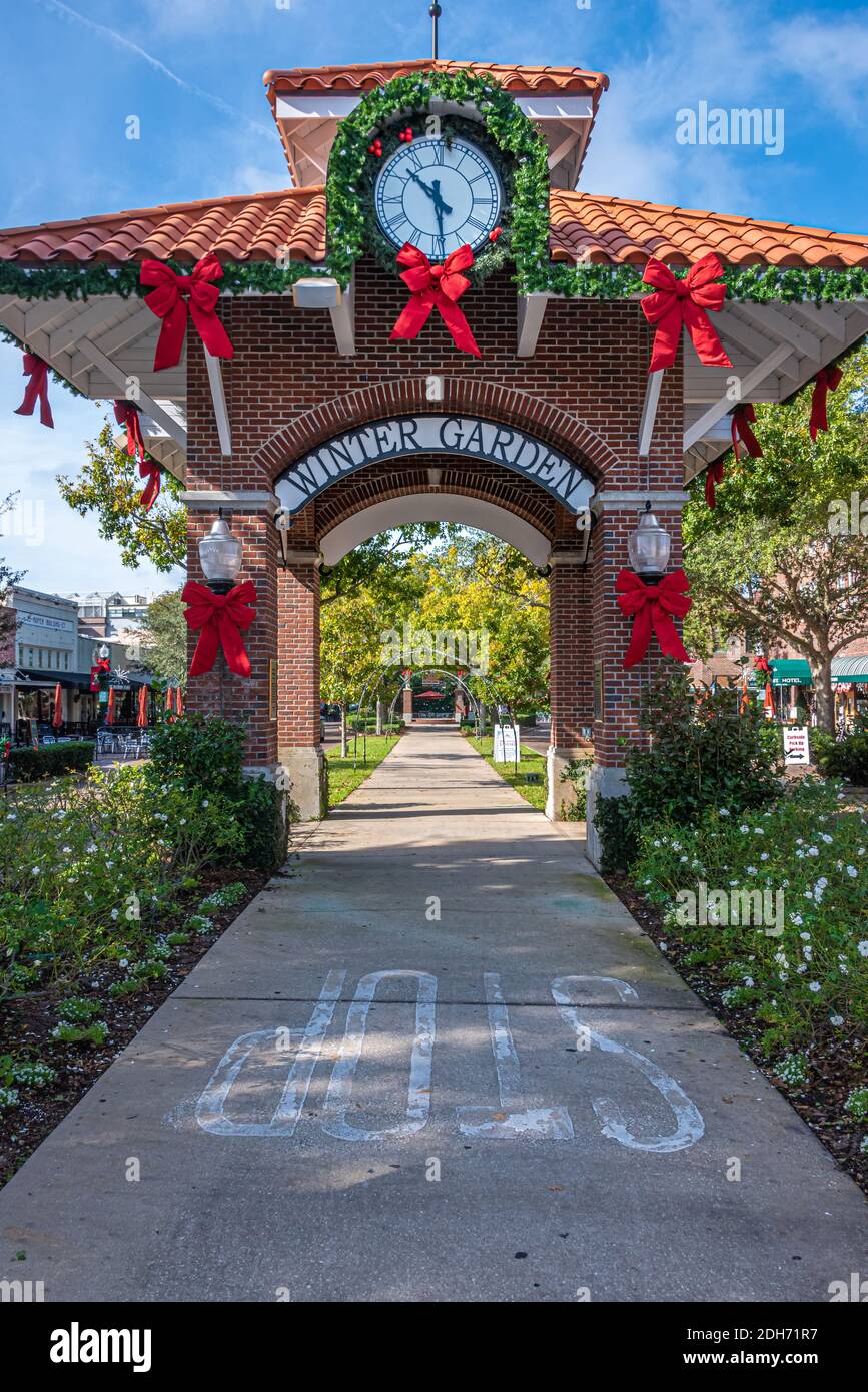 Charming downtown Winter Garden, Florida, decorated for the Christmas season. (USA) Stock Photo