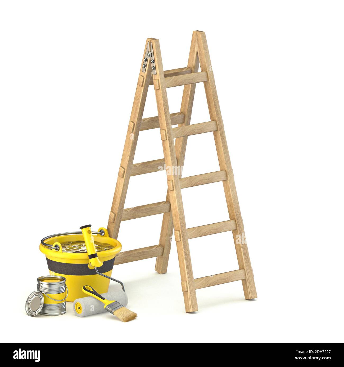 Wooden ladder with renovation tools 3D Stock Photo