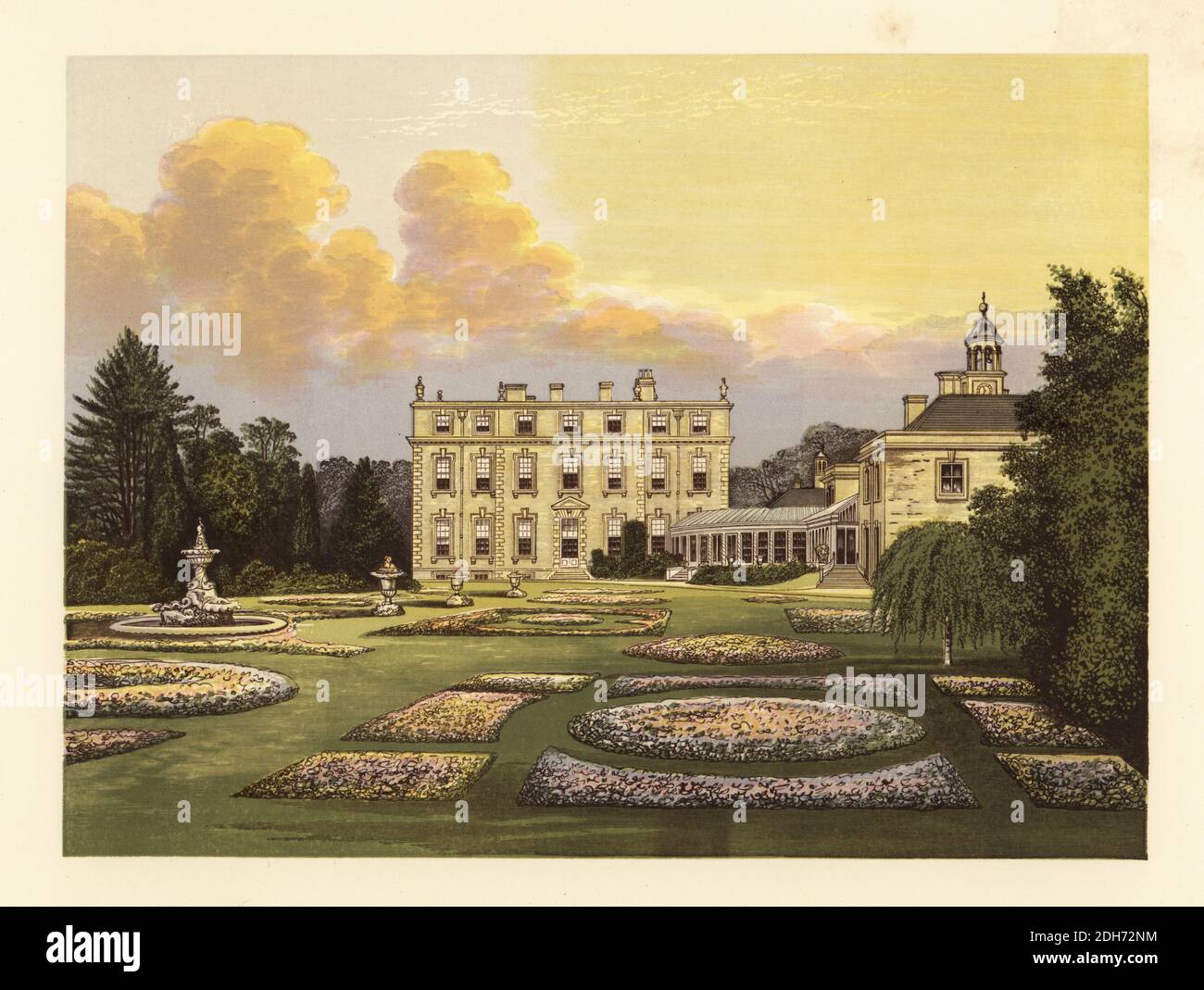 Ditchley House and gardens, Oxfordshire, England. Fine oak and stone house designed by architect James Gibb in 1722 for George Henry Lee I, 2nd Earl of Lichfield. Home of Arthur Edmund Denis Dillon, 16th Viscount Dillon. Colour woodblock by Benjamin Fawcett in the Baxter process of an illustration by Alexander Francis Lydon from Reverend Francis Orpen Morris’s A Series of Picturesque Views of the Seats of Noblemen and Gentlemen of Great Britain and Ireland, William Mackenzie, London, 1880. Stock Photo