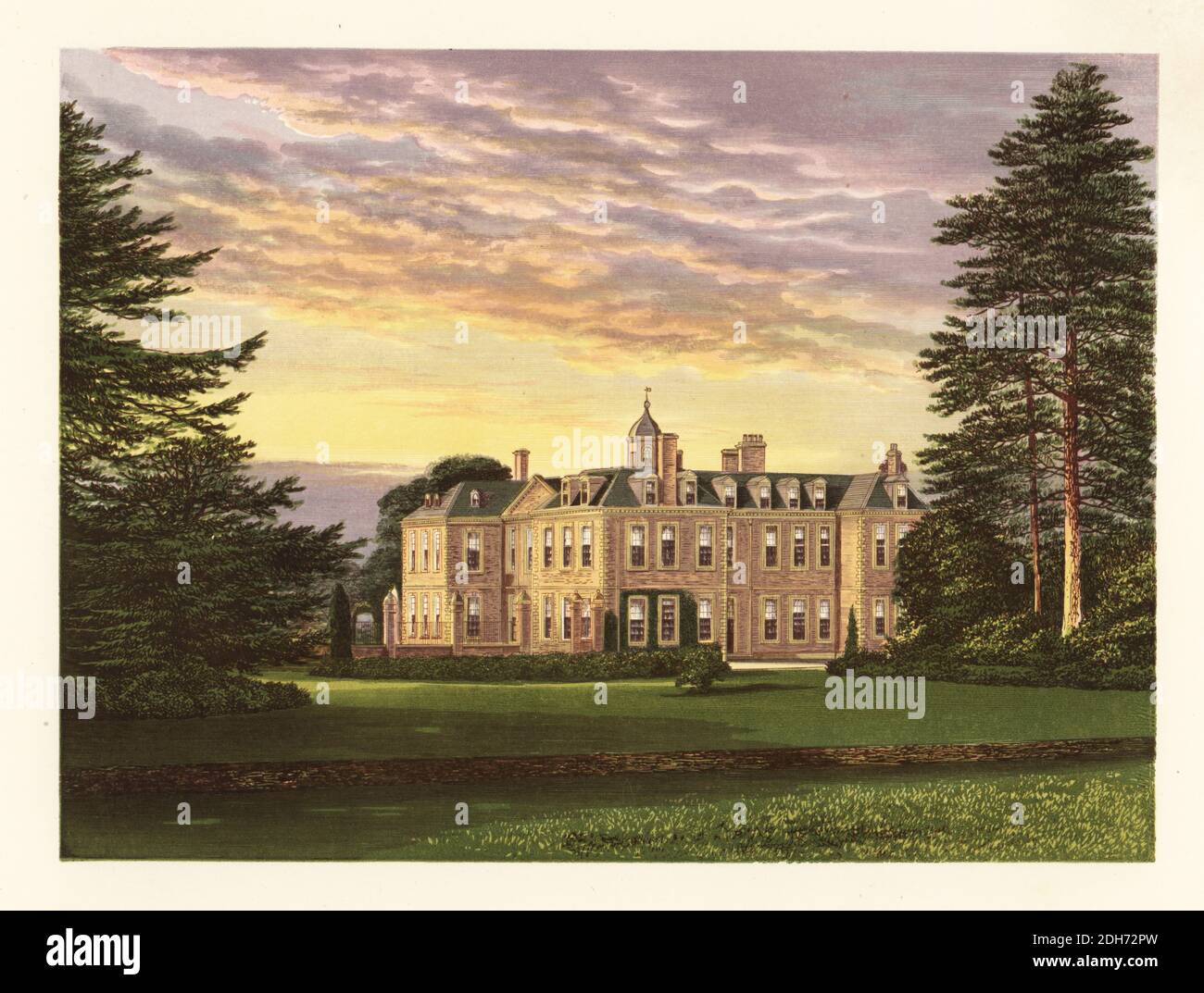 Hanbury Hall, Worcestershire, England. 18th century red-brick house in the Queen Anne Style. Home of Harry Foley Vernon, 1st Baronet of Hanbury Hall. Colour woodblock by Benjamin Fawcett in the Baxter process of an illustration by Alexander Francis Lydon from Reverend Francis Orpen Morris’s A Series of Picturesque Views of the Seats of Noblemen and Gentlemen of Great Britain and Ireland, William Mackenzie, London, 1880. Stock Photo