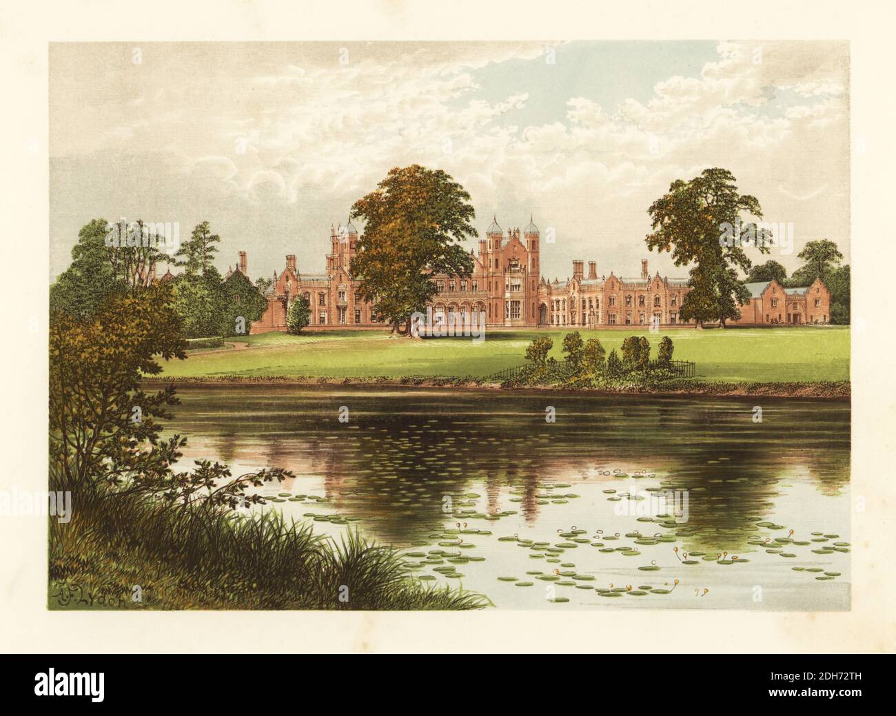 Capesthorne Hall, Cheshire, England. Neoclassical-style house in red brick built from designs by architect William Smith, remodelled with Jacobean style frontage in the 1830s by Edward Blore. Conservatory by Joseph Paxton. Home of Arthur Henry Davenport. Colour woodblock by Benjamin Fawcett in the Baxter process of an illustration by Alexander Francis Lydon from Reverend Francis Orpen Morris’s Picturesque Views of the Seats of Noblemen and Gentlemen of Great Britain and Ireland, William Mackenzie, London, 1880. Stock Photo