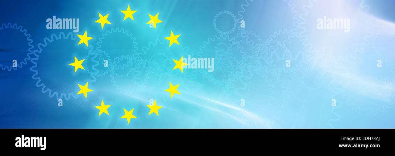 Eu symbol, flag, europe, gear wheels, blue, banner Stock Photo