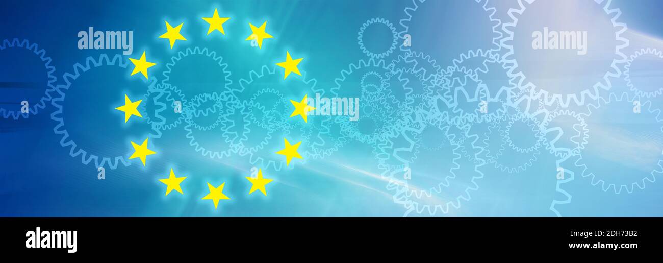 Eu symbol, flag, europe, gear wheels, blue Stock Photo
