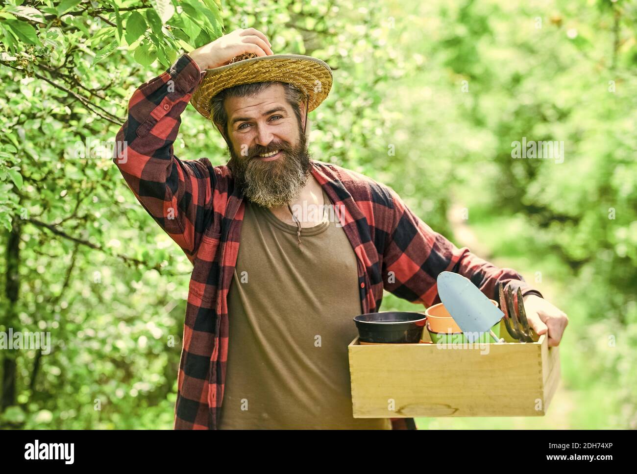 Man bearded hipster collecting harvest. Ranch man. Organic farm ...